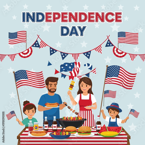 Family Celebrating Independence Day with BBQ and American Flags