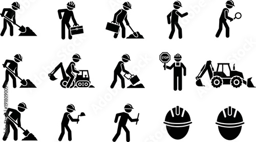 construction workers and equipment icons in black on white background