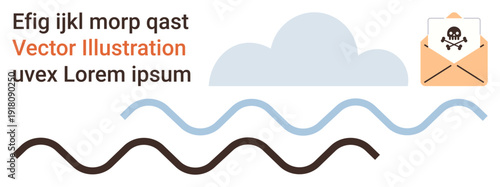 Cybersecurity, email threats, data communication, digital safety, malware risks, phishing attacks. Cloud shape, wave lines envelope with skull icon. Cybersecurity and email threats illustrated