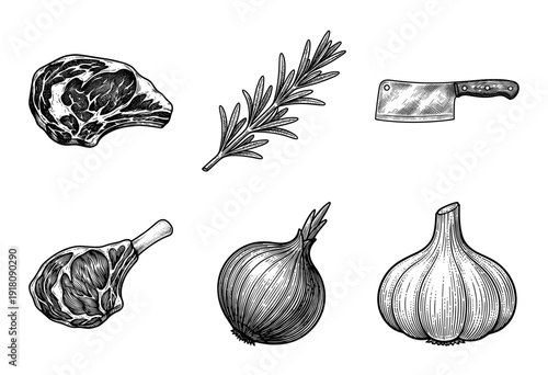 Vintage hand drawn butcher shop and cooking ingredients collection featuring meat cuts, herbs, and vegetables in woodcut engraving style.