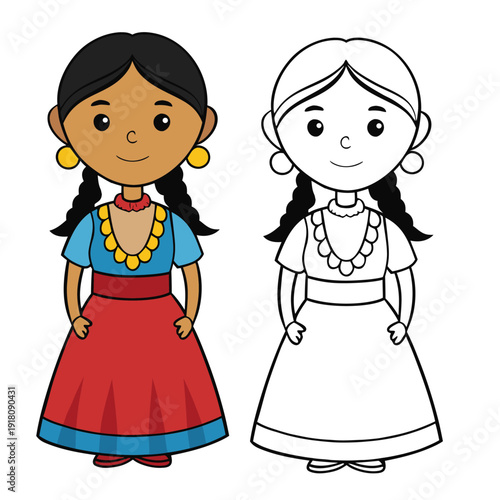 A cheerful Latin woman coloring page, smiling with flowing hair and traditional attire, perfect for adding vibrant colors and celebrating culture and beauty.
