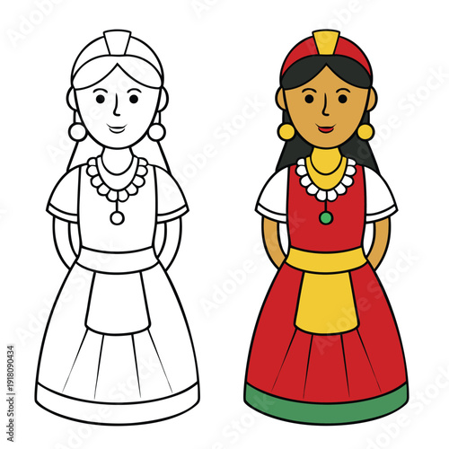A cheerful Latin woman coloring page, smiling with flowing hair and traditional attire, perfect for adding vibrant colors and celebrating culture and beauty.
