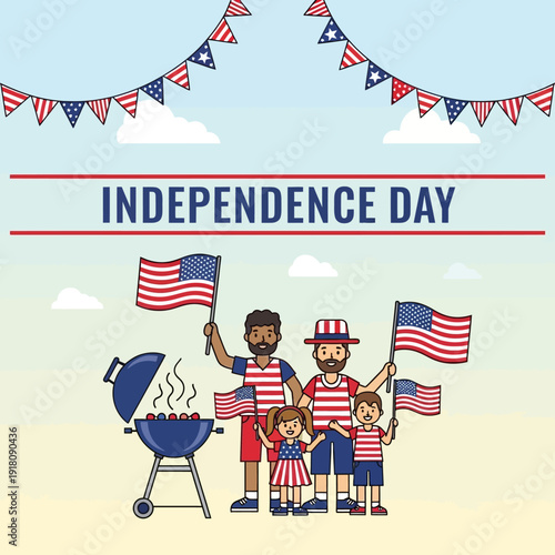 Happy family celebrating Independence Day with BBQ and American flags