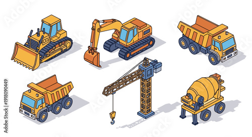 Construction Vehicles and Crane Equipment Set.