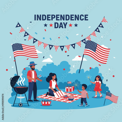 Happy Family Celebrating Independence Day with BBQ and Fireworks