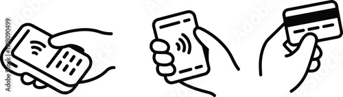 Black and white illustration of hands holding smartphone and credit card, representing mobile contactless payments and traditional card transactions in modern finance.