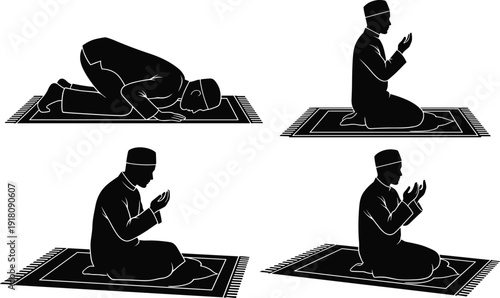 Muslim Man Prayer Poses Silhouette Set, Islamic Salah Positions on Prayer Mat, Sujud and Dua Icons, Religious Worship Vector Illustration