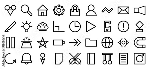 Universal interface line icon set. Vector pictograms of home, gear, mail, lightbulb, clock, star, battery, folder, globe, bell, and document, thick outline illustration.