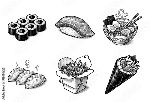 Vintage woodcut style illustration of Japanese and Asian cuisine featuring sushi, ramen, dumplings, and noodles in a takeout box.