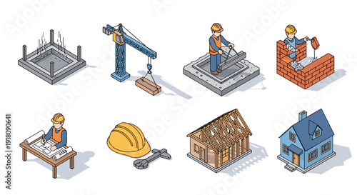 Construction Workers Building House Stages.