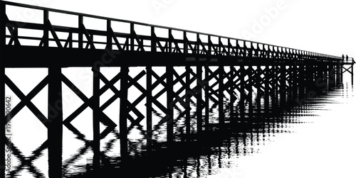 Wooden pier silhouette over water vector illustration black and white coastal boardwalk isolated on white background for landscape design