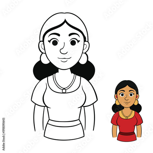 A cheerful Latin woman coloring page, smiling with flowing hair and traditional attire, perfect for adding vibrant colors and celebrating culture and beauty.
