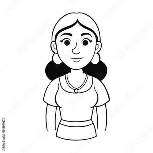 A cheerful Latin woman coloring page, smiling with flowing hair and traditional attire, perfect for adding vibrant colors and celebrating culture and beauty.
