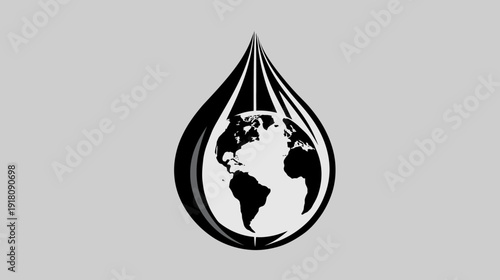Global Earth in a black droplet icon symbolizing environmental protection, water resource conservation, and sustainable energy.