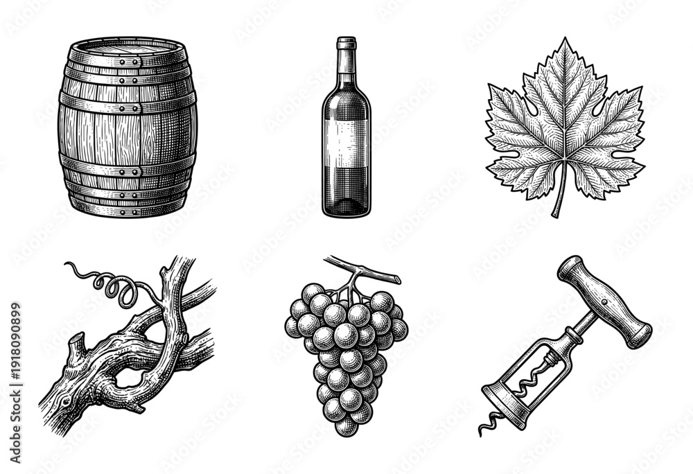 Fototapeta premium Vintage woodcut style collection of wine making icons featuring barrel bottle grape leaf vine and corkscrew