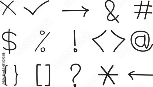 Handwritten symbols and punctuation marks in silhouette style.