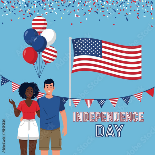 Couple celebrating Independence Day with American flag, balloons, and confetti