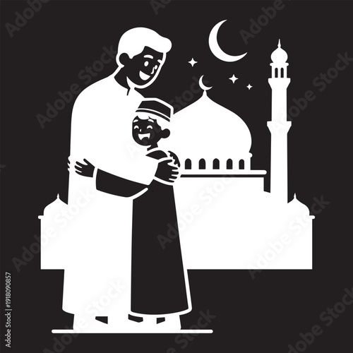 Embrace of Reverence: A tender illustration depicts a moment of deep affection and religious devotion, as a father and son share a warm embrace in front of a majestic mosque under the night sky.