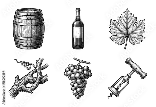 Vintage woodcut style collection of wine making icons featuring barrel bottle grape leaf vine and corkscrew