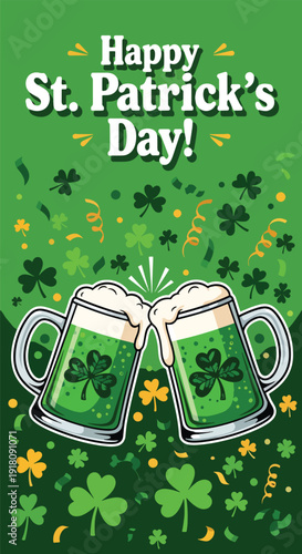 St Patrick’s Day vector poster with clinking green beer mugs and shamrock decorations celebrating Irish pub tradition, friendship, and festive holiday gathering