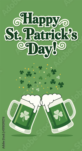 St Patrick’s Day vector poster with clinking green beer mugs and shamrock decorations celebrating Irish pub tradition, friendship, and festive holiday gathering