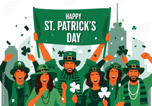 St Patrick’s Day vector poster showing friends celebrating parade in green outfits with shamrocks highlighting Irish culture, unity, and festive March 17 celebration