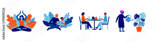 Flat Vector Lifestyle and Wellness Illustration Set for Mindful Living and Intergenerational Connection