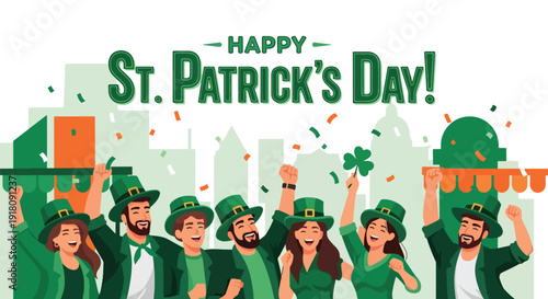 St Patrick’s Day vector poster showing friends celebrating parade in green outfits with shamrocks highlighting Irish culture, unity, and festive March 17 celebration