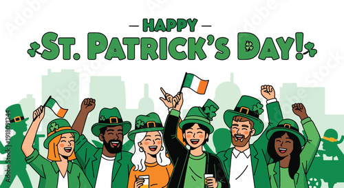 St Patrick’s Day vector poster showing friends celebrating parade in green outfits with shamrocks highlighting Irish culture, unity, and festive March 17 celebration