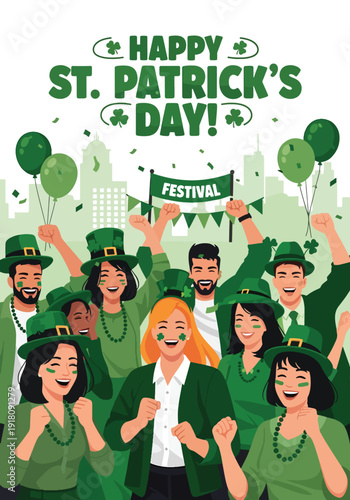 St Patrick’s Day vector poster showing friends celebrating parade in green outfits with shamrocks highlighting Irish culture, unity, and festive March 17 celebration