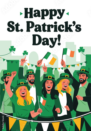 St Patrick’s Day vector poster showing friends celebrating parade in green outfits with shamrocks highlighting Irish culture, unity, and festive March 17 celebration