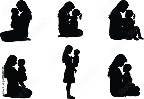 Mother and child silhouette set, loving mom holding baby and toddler, family bonding moments isolated black vector illustration