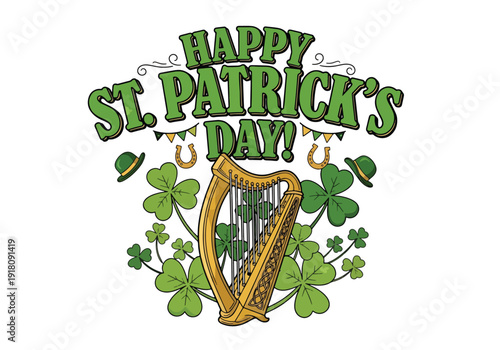 St Patrick’s Day vector poster with traditional Irish harp and shamrock decorations celebrating heritage, culture, music, and festive March holiday spirit