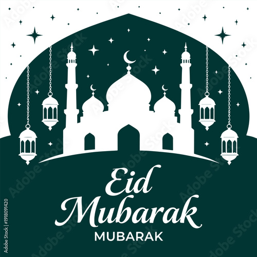 Celebratory Mosque Design: An evocative depiction of a mosque, adorned with a crescent moon, stars, and lanterns, embodying the spirit of Eid Mubarak, all rendered in an elegant style.