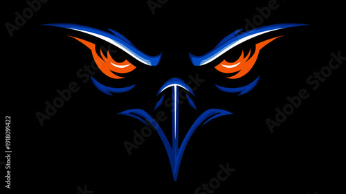 Intense stylized raptor bird head with piercing orange eyes and blue accents on black background. Powerful eagle or hawk vector logo design.