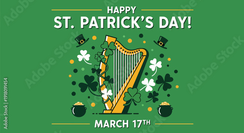 St Patrick’s Day vector poster with traditional Irish harp and shamrock decorations celebrating heritage, culture, music, and festive March holiday spirit