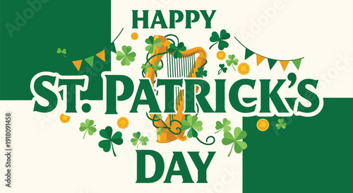 St Patrick’s Day vector poster with traditional Irish harp and shamrock decorations celebrating heritage, culture, music, and festive March holiday spirit