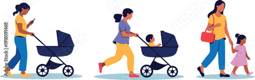 Family Walking Outdoor Vector Art – Mom and Children Concept - mother illustration, mom with stroller, baby stroller vector, motherhood illustration, parenting concept, family walking illustration, mo