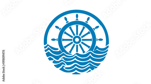 Nautical ship's wheel and ocean waves icon. Marine steering helm with sea water graphic illustration in blue.