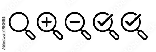 Magnifying glasses set with various symbols for search and review featuring icons, plus, minus with checkmark and zoom elements for investigation, inspection projects, clean composition on simple