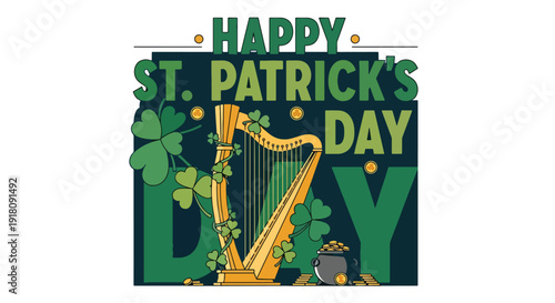 St Patrick’s Day vector poster with traditional Irish harp and shamrock decorations celebrating heritage, culture, music, and festive March holiday spirit