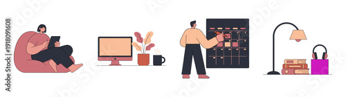 Flat Vector Productivity and Remote Work Character Element Kit for Freelance Lifestyle Illustration