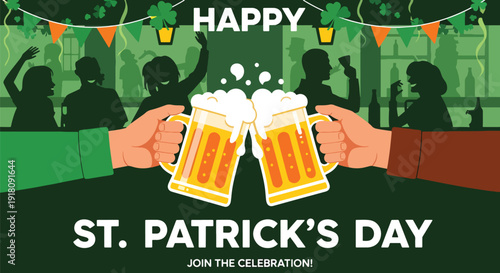 St Patrick’s Day vector poster featuring festive Irish pub celebration with green beer mugs, shamrocks, and joyful holiday atmosphere honoring March 17 tradition