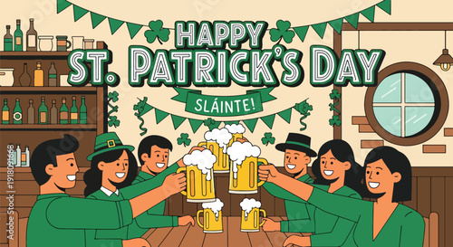 St Patrick’s Day vector poster featuring festive Irish pub celebration with green beer mugs, shamrocks, and joyful holiday atmosphere honoring March 17 tradition