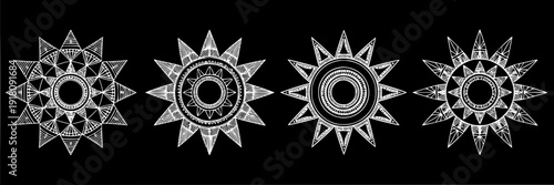 Suns geometric mandala set with intricate white patterns and symmetrical designs on black background featuring art, decorative, circular with radial and symmetry elements for abstract, illustration