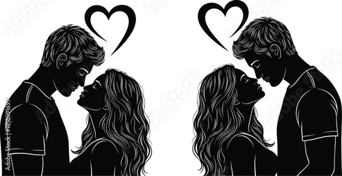 Romantic couple silhouette vector illustration with heart symbol, love artwork, intimacy design, emotional connection, relationship affection, romantic bonding artwork