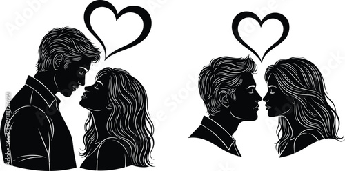 Romantic couple silhouette vector illustration with heart symbol, love artwork, intimacy design, emotional connection, relationship affection, romantic bonding art