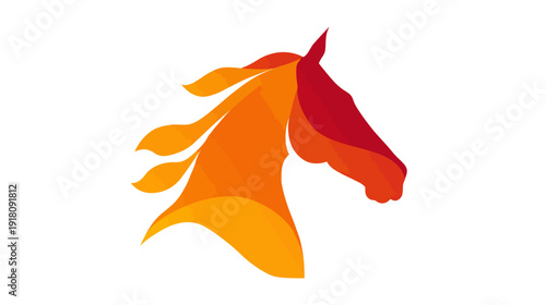 Vibrant abstract geometric horse head illustration with dynamic fiery colors, red to orange gradient, modern animal icon design.