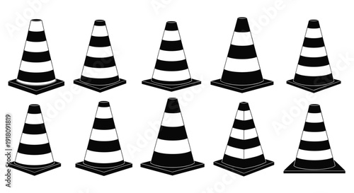 Set of ten black and white traffic cone icons, 2x5 grid pattern, minimalist geometric safety symbols, striped construction markers, road security.