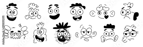 Faces cartoon hand-drawn set with various expressions and emotions featuring happy, sad, angry with surprised and shocked elements for confused, excited projects, clean composition on simple